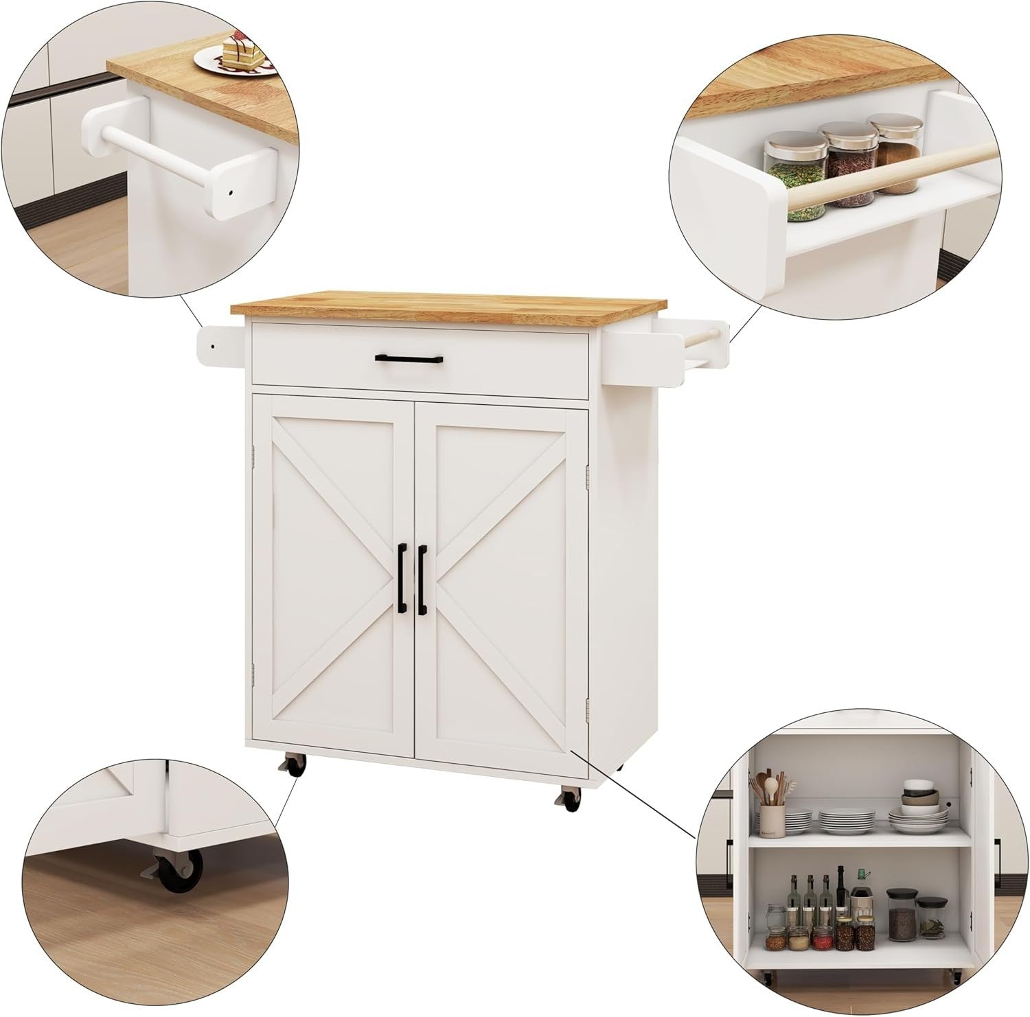 Mobile Kitchen Island Cart with Rubber Wood Top, Adjustable Storage & Towel Rack
