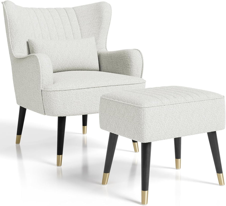 White Teddy Fleece Wing Back Accent Chair & Footstool Set
