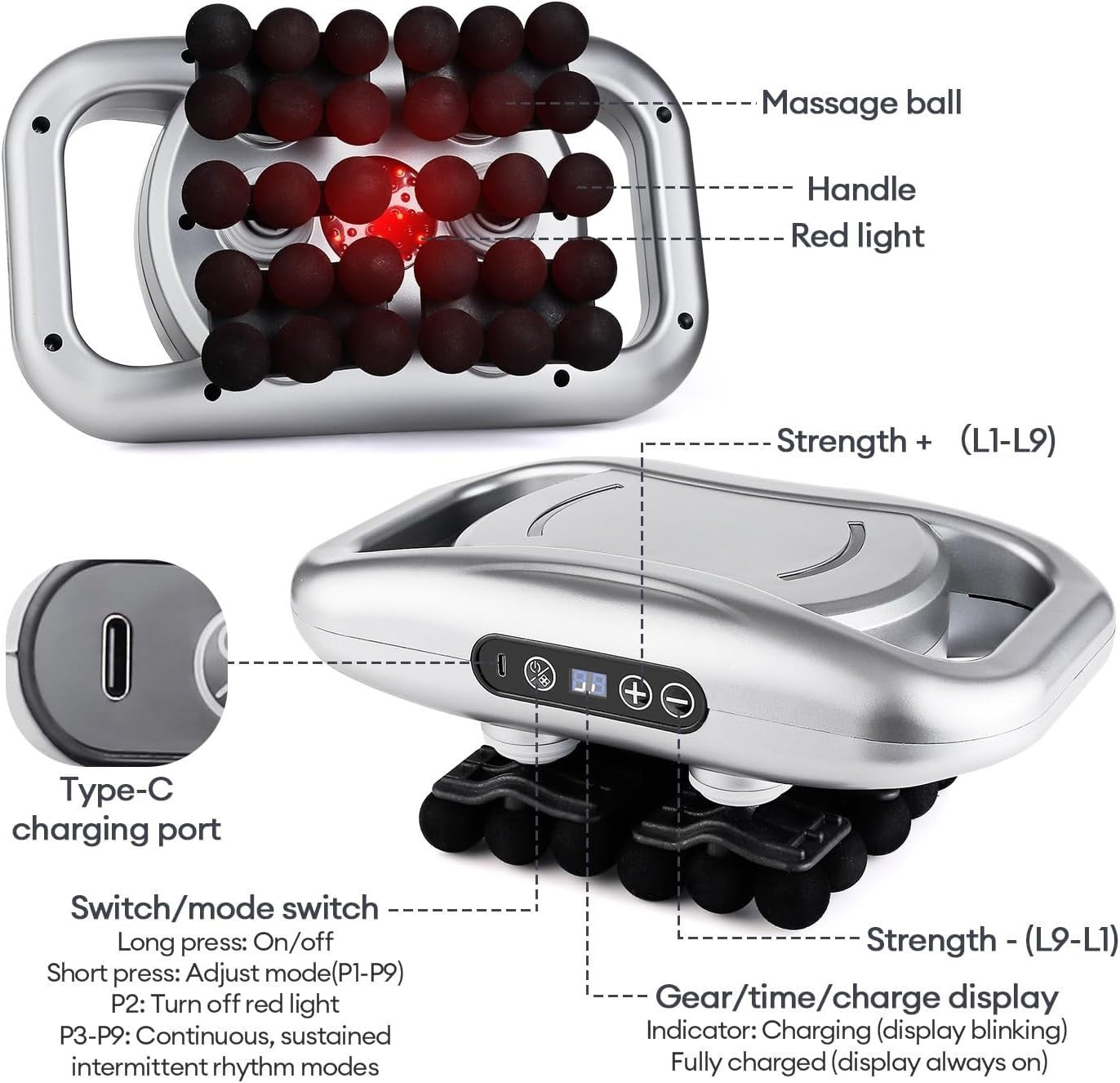 30 Head Deep Tissue Massage Gun Full Body Muscle Relief LCD Red Light