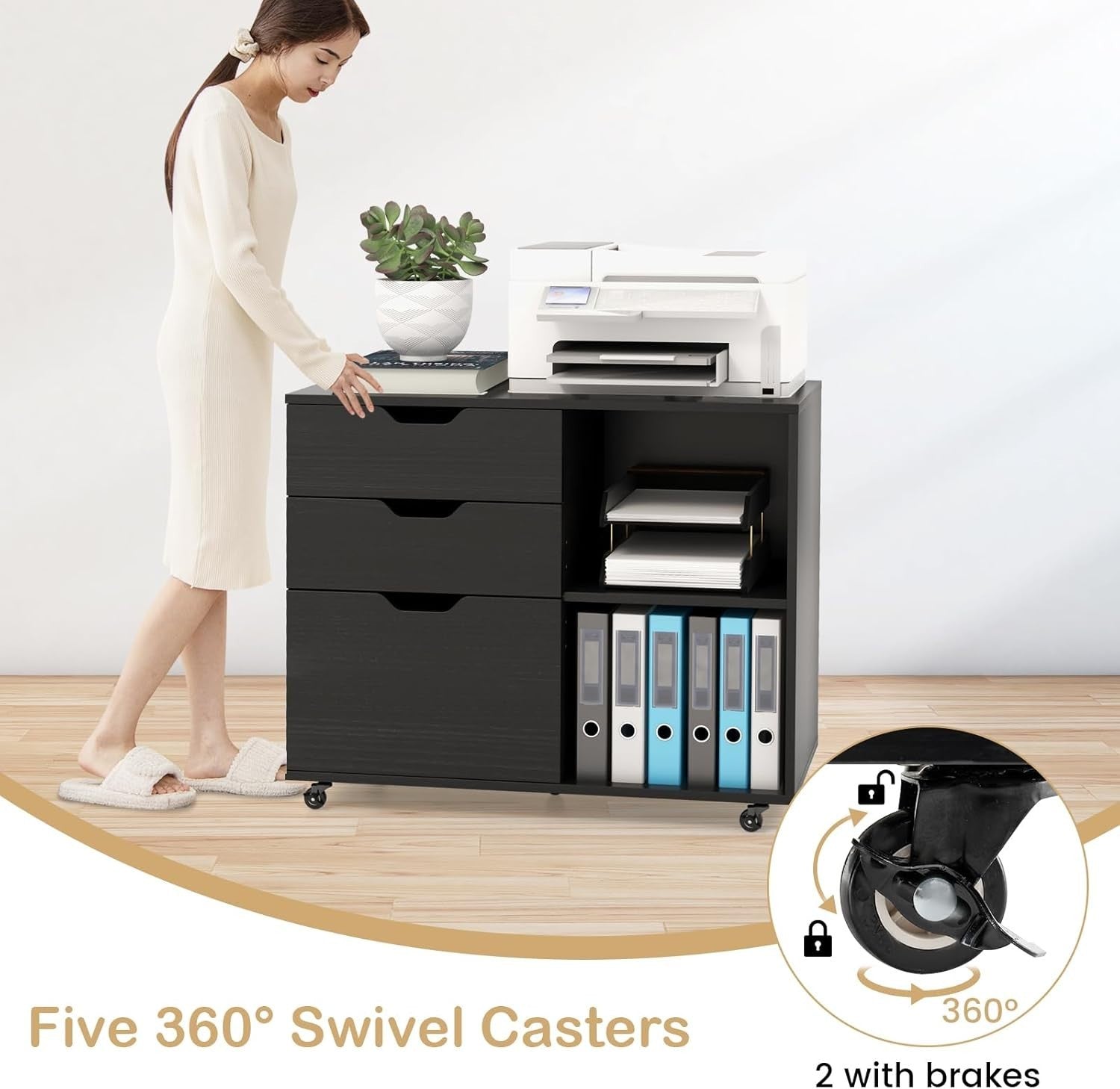 Lateral Mobile Filing Cabinet 3 Drawer A4 Printer Stand Black