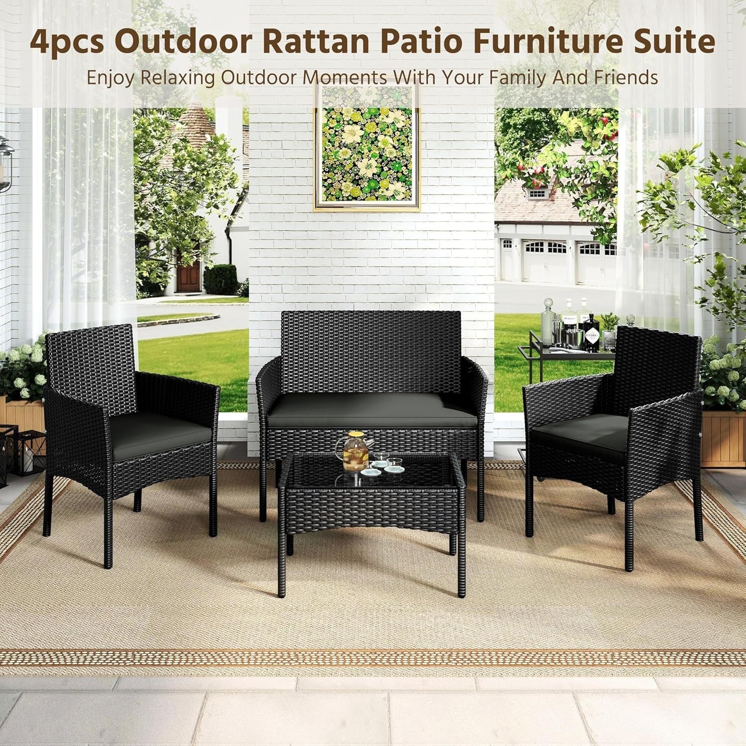 4-Piece Outdoor Patio Rattan Sofa Set with Glass Table, Cushioned Garden Lounge