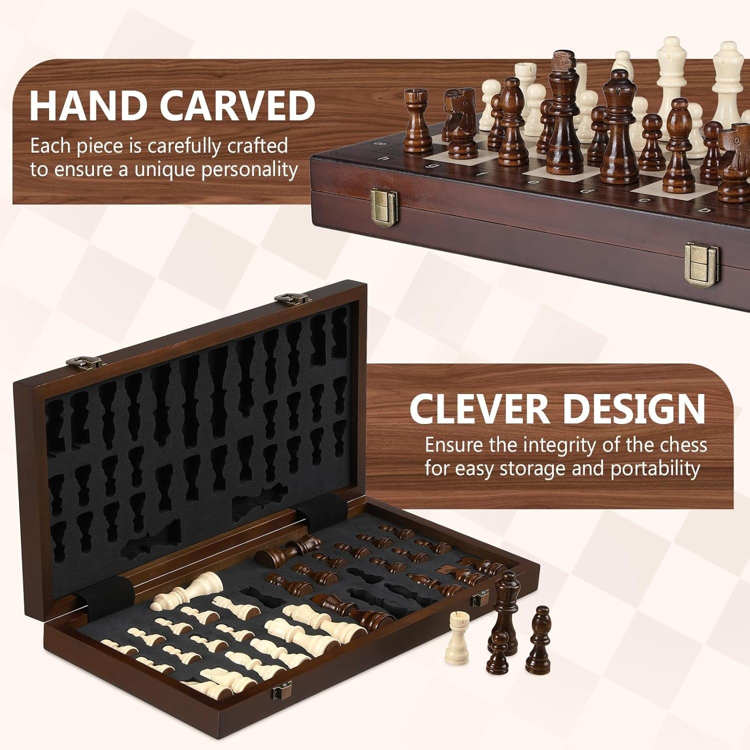 38cm Wooden Magnetic Folding Chess Set with Extra Queens & Storage Case