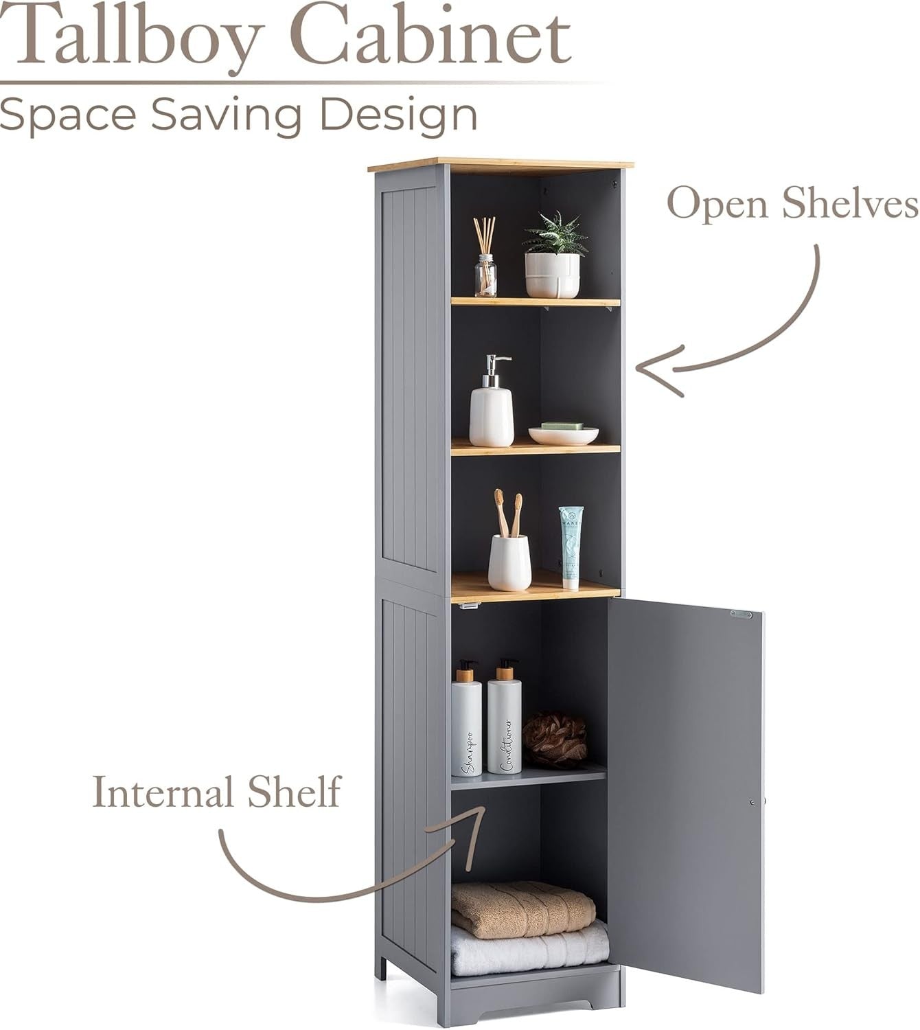 Tall Bathroom Storage Cabinet | Slim Grey Cupboard with Bamboo Shelves