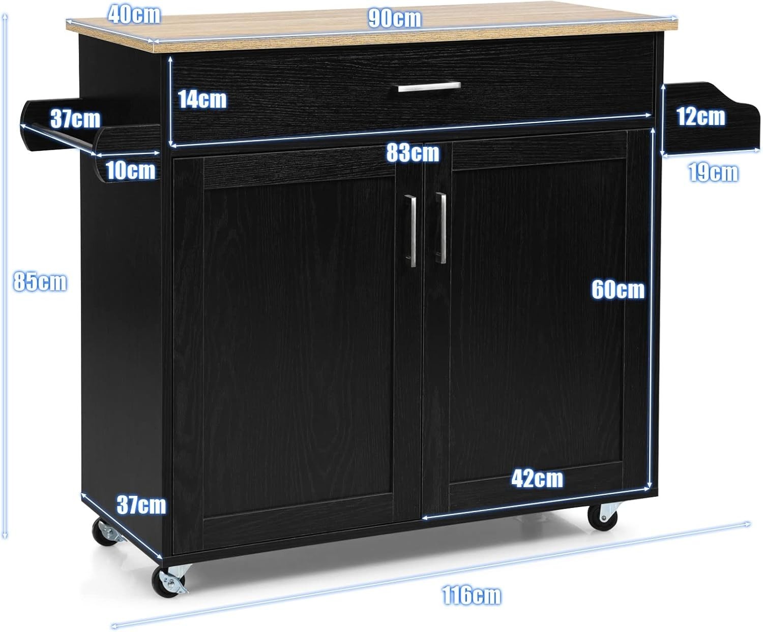 Large Kitchen Island Trolley Drawer Cabinet 116cm Black