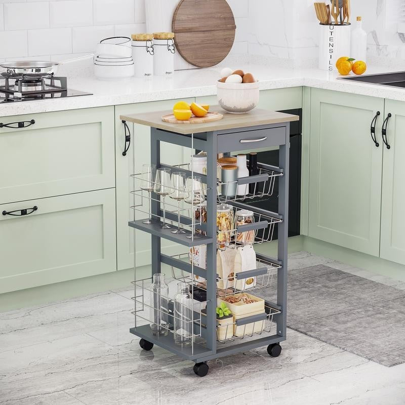 Grey Kitchen Cart with 4 Metal Baskets Drawer & Side Racks on Wheels