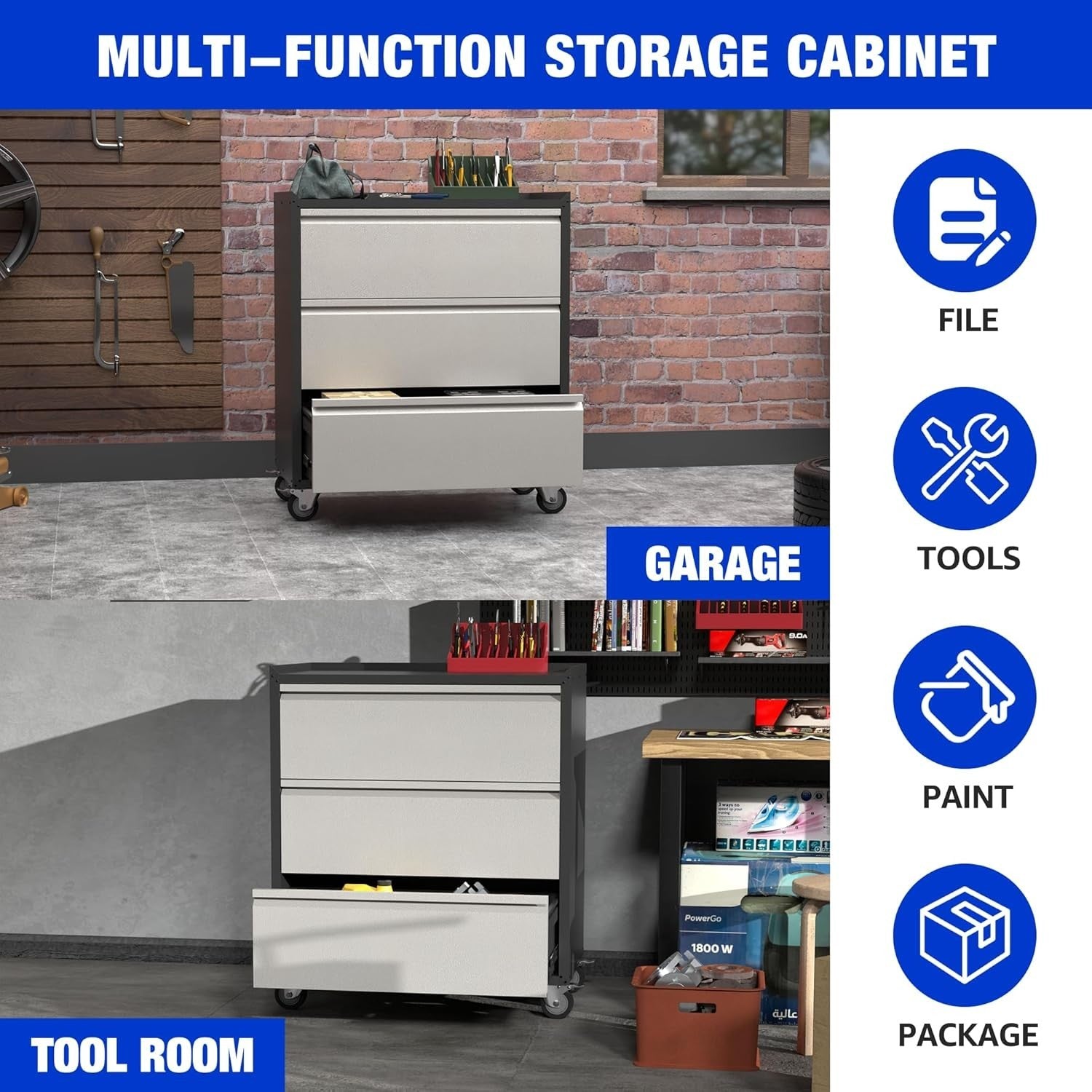 Mobile Metal Tool Cabinet with 3 Lockable Drawers & Workbench Surface