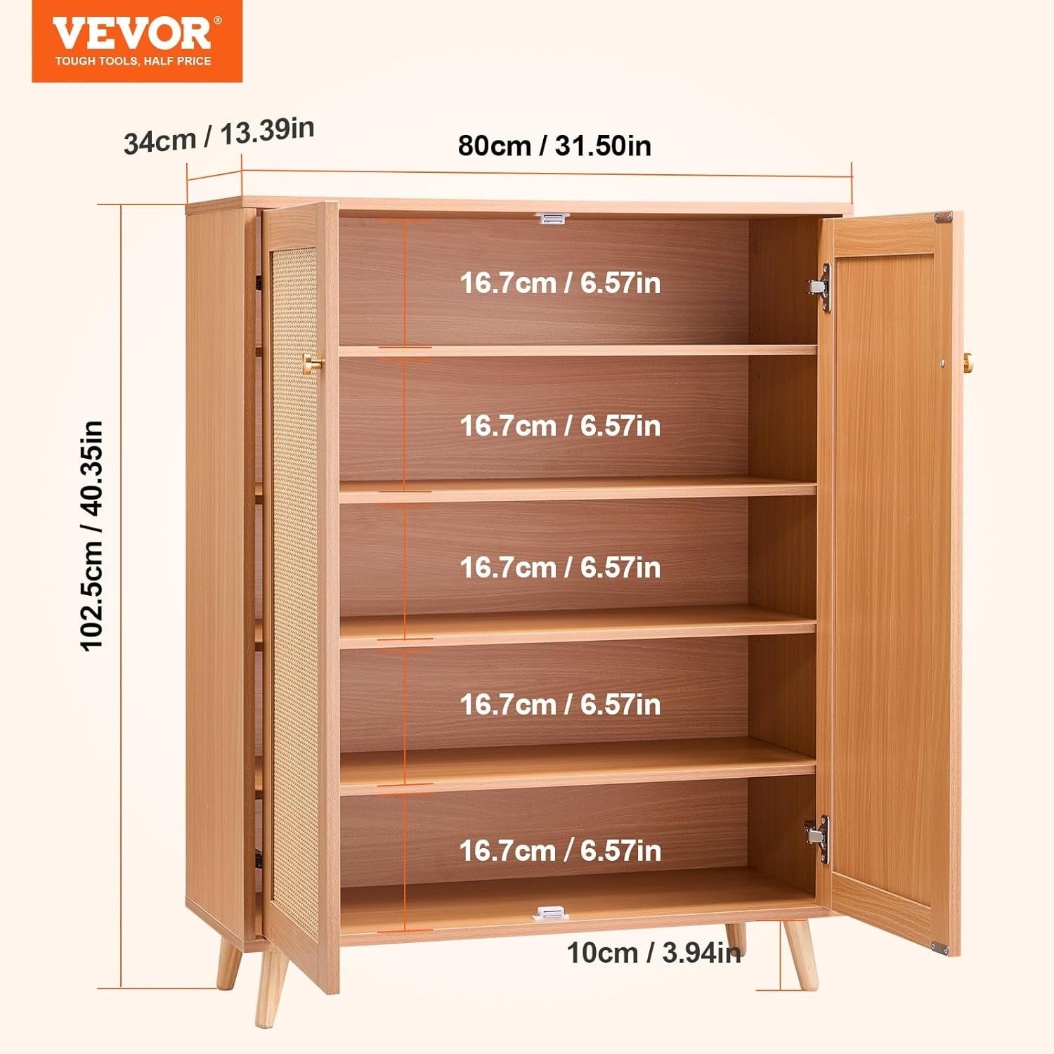 Rattan Shoe Cabinet 5 Tier Storage with Doors & Adjustable Shelves 80x34x102cm