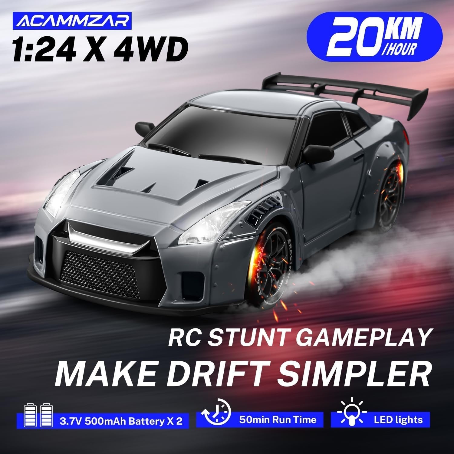 1:24 RC Drift Car 20KM/H – 4WD Remote Control Toy with Extra Tires, Dark Gray