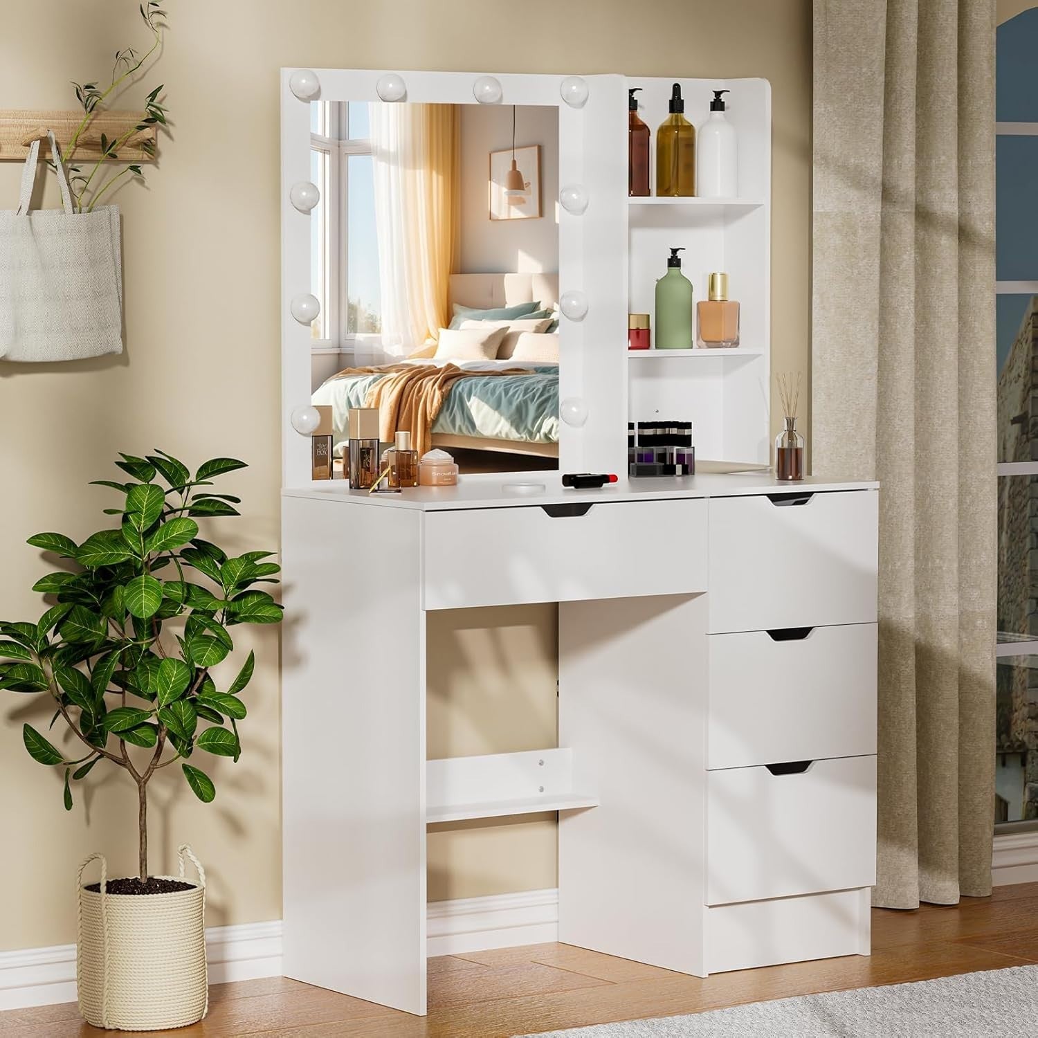 Modern LED Vanity Makeup Dressing Table Desk Mirror Drawers White Bedroom