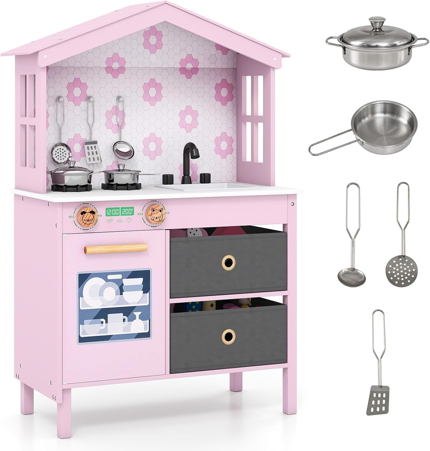 Wooden Kids Play Kitchen Pink w/ Dishwasher Sink Pots Role Play