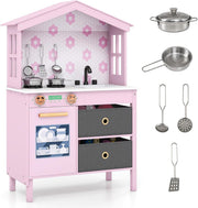 Wooden Kids Play Kitchen Pink w/ Dishwasher Sink Pots Role Play