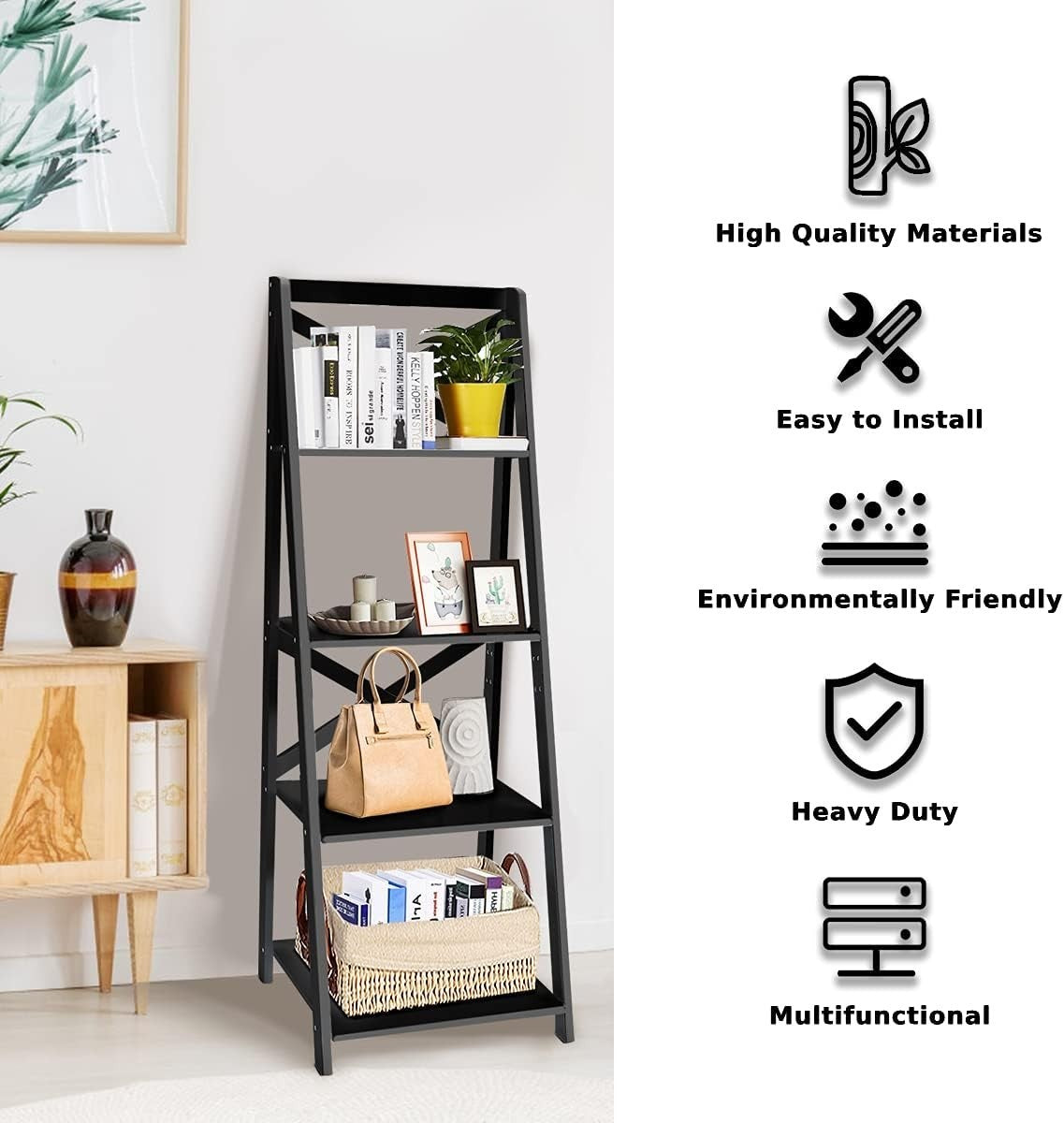 Modern 4 Tier Ladder Shelf Bookcase Leaning Display Storage Unit Black