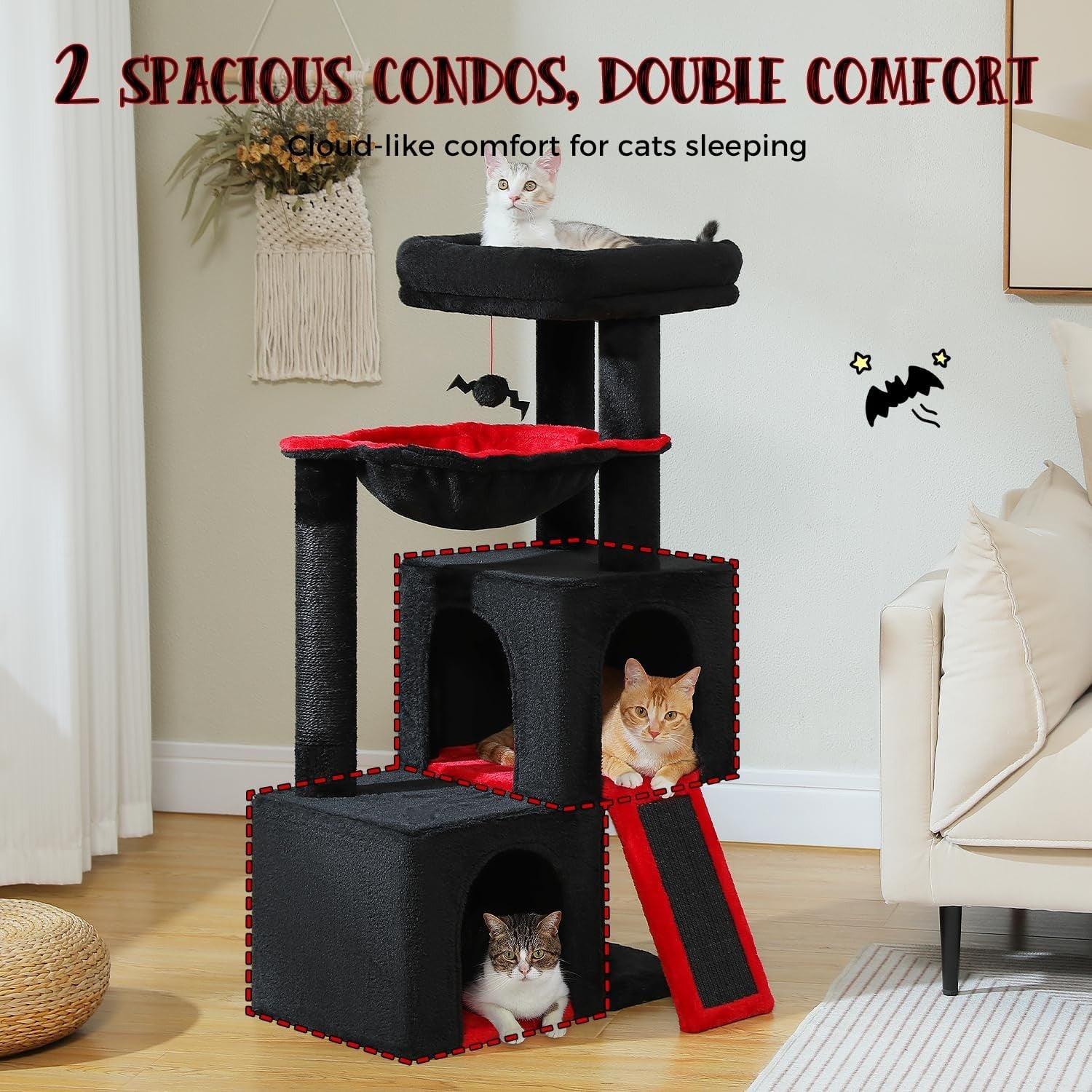 104cm Black Cat Tree Tower Dual Condo Hammock Scratching Post with Ramp