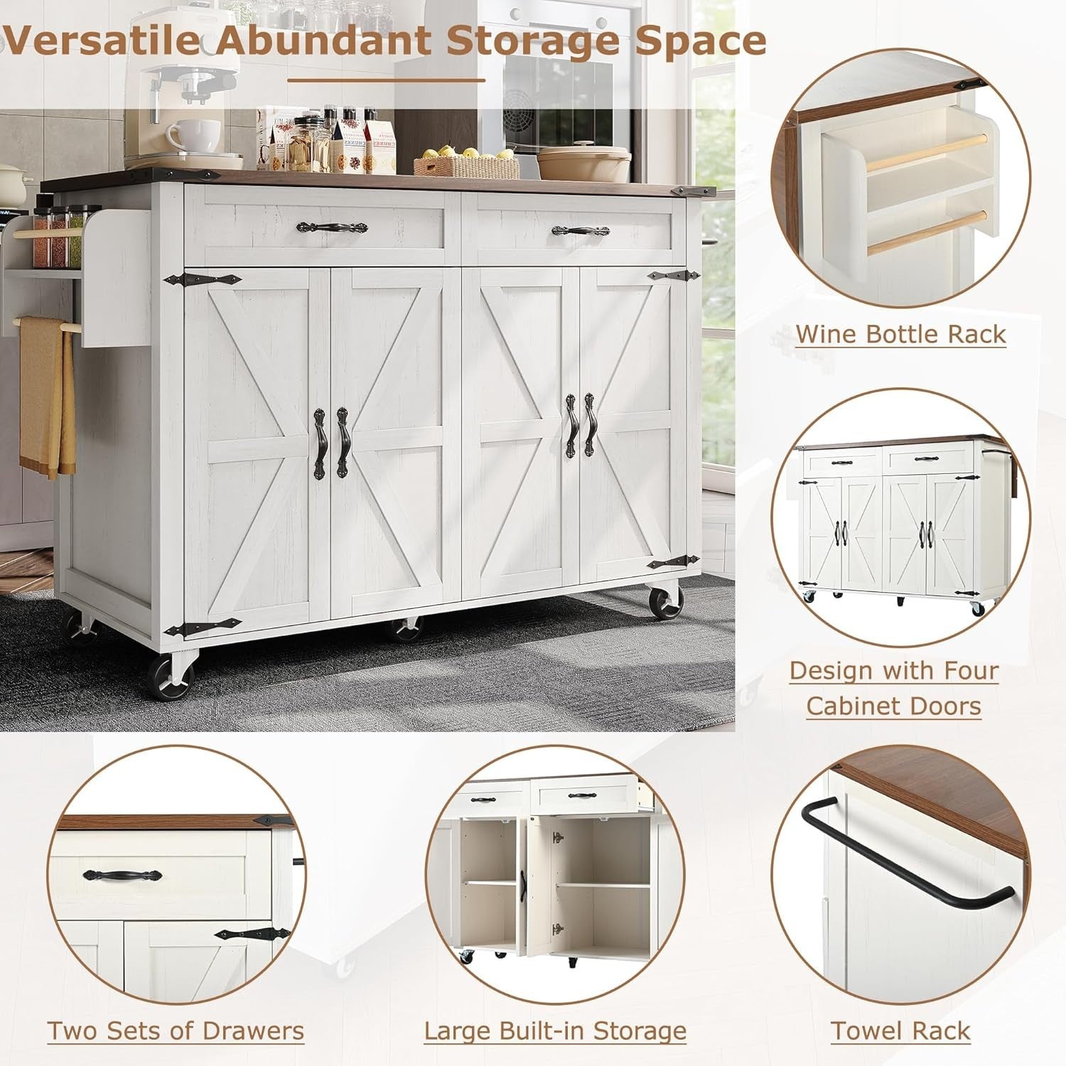 Space-Saving Rolling Kitchen Island Cart with Foldable Side & Storage Drawers