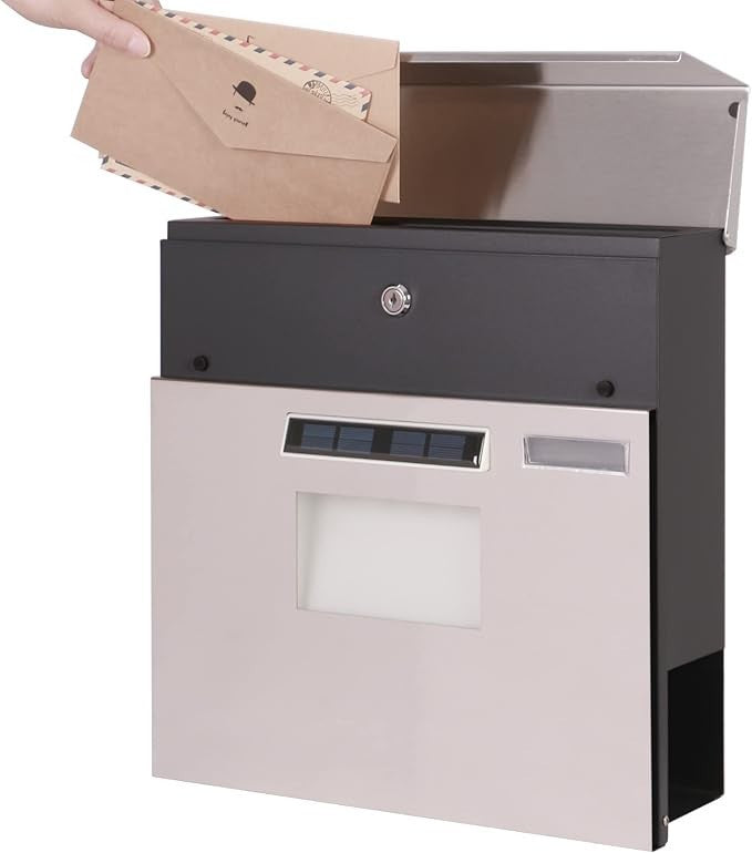 Wall Mounted Stainless Steel Mailbox with Solar LED, Lock, A4 Slot, Weatherproof