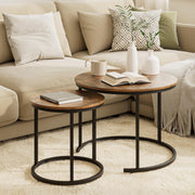 2-Piece Nesting Round Coffee Table Set with Oak Top & Black Metal Frame
