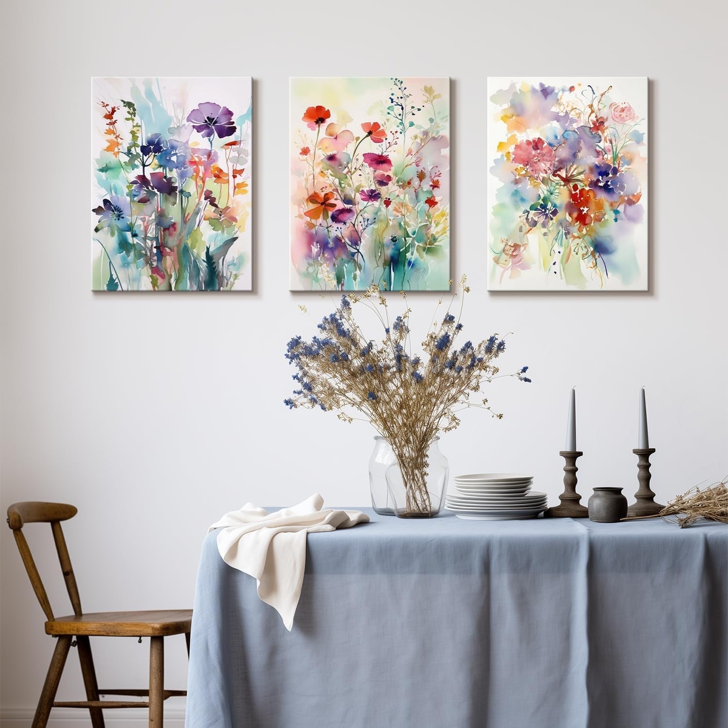 3Pcs Watercolor Flower Wall Art – Colorful Botanical Prints 12x16in