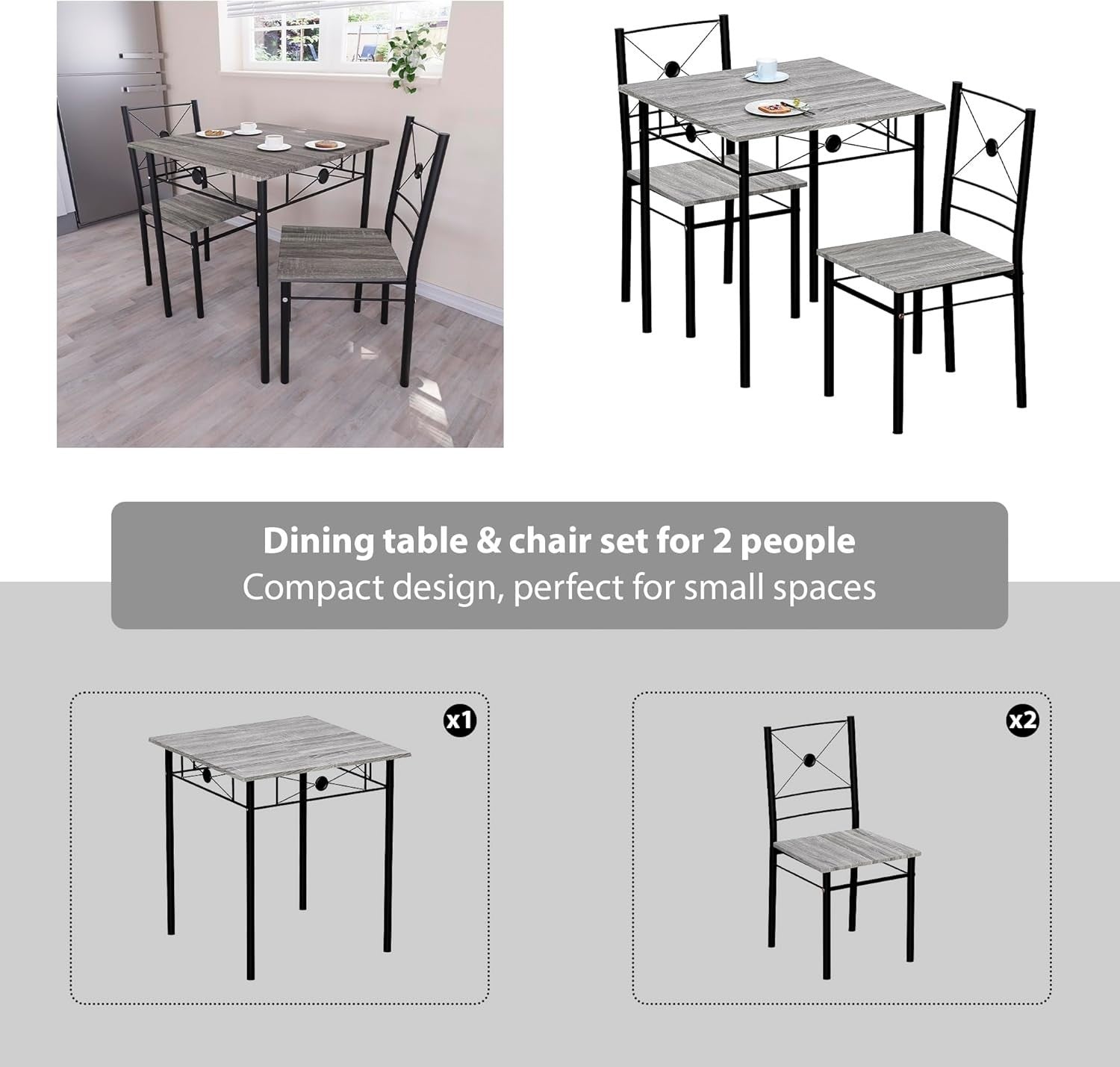 Compact Grey 2-Seater Dining Table Set | Space-Saving Kitchen Furniture