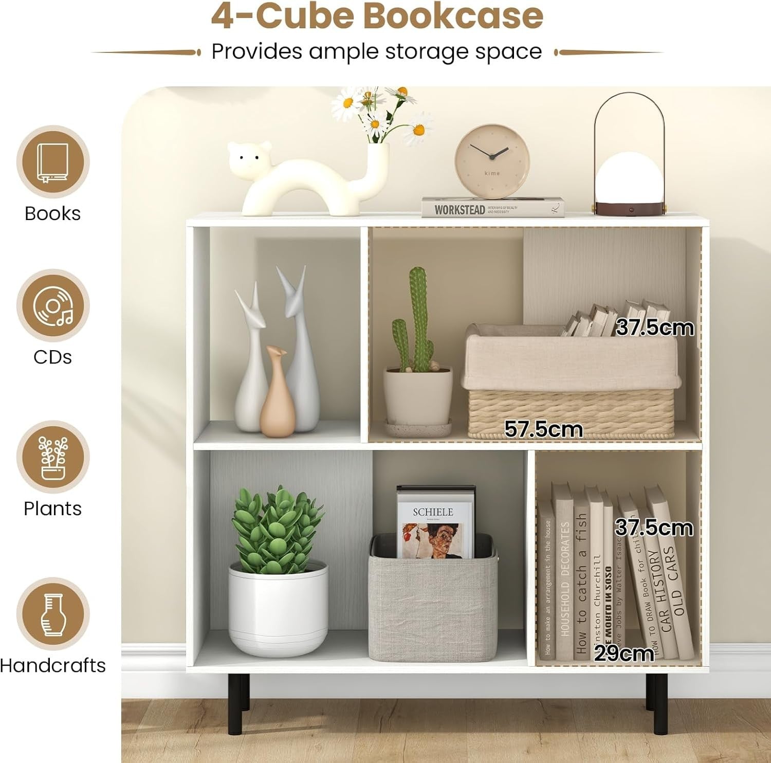 4-Cube Storage Bookcase White Wooden Shelves Metal Legs Anti-Tip 90x30x90cm