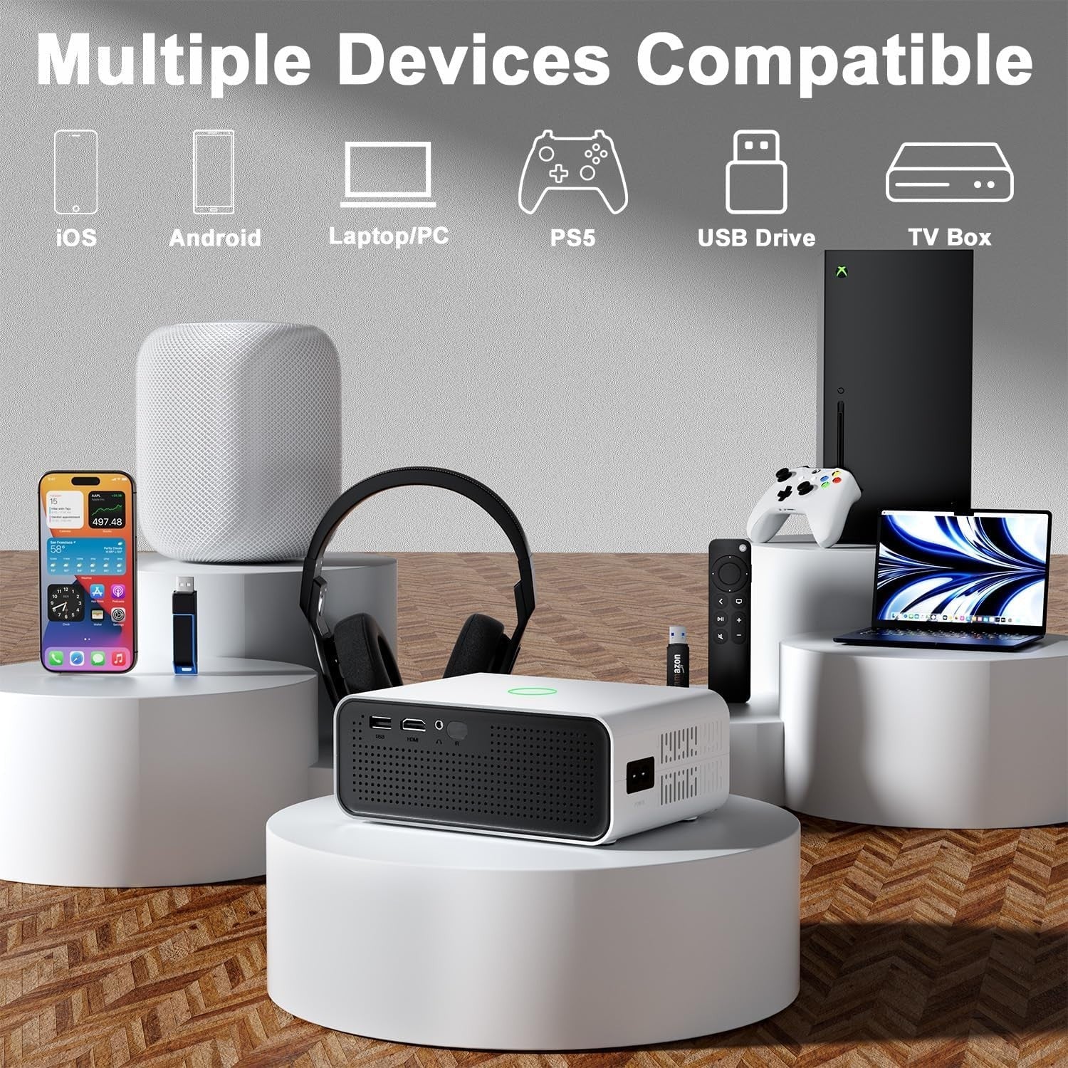 Android 11 Mini Projector WiFi 6 Bluetooth Auto Keystone Electric Focus 4K