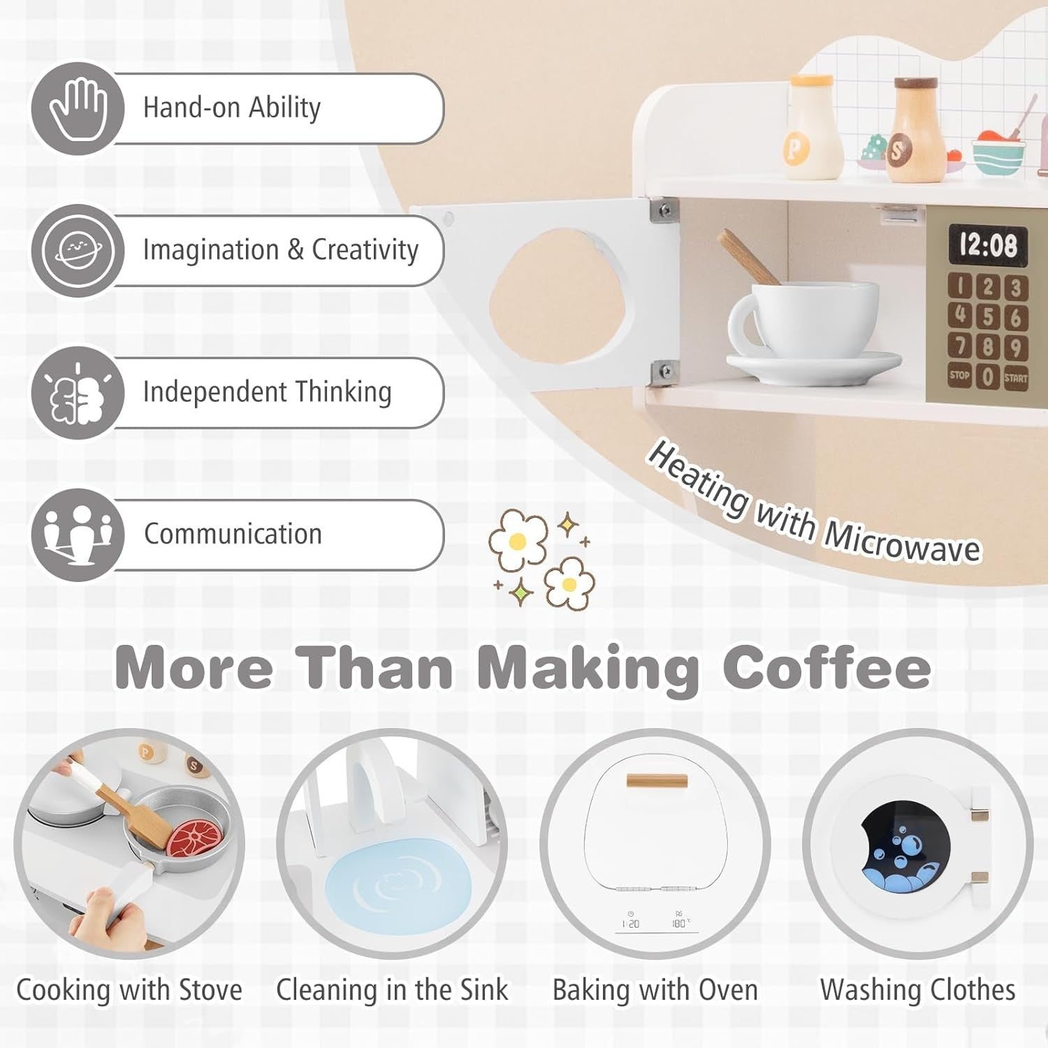 Kids Wooden Play Kitchen w/ Coffee Maker Microwave White Toy