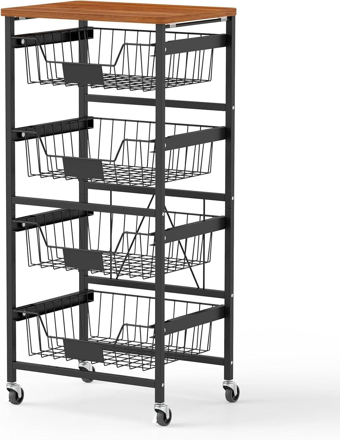5 Tier Rolling Storage Cart Kitchen Trolley Mesh Baskets Wooden Top