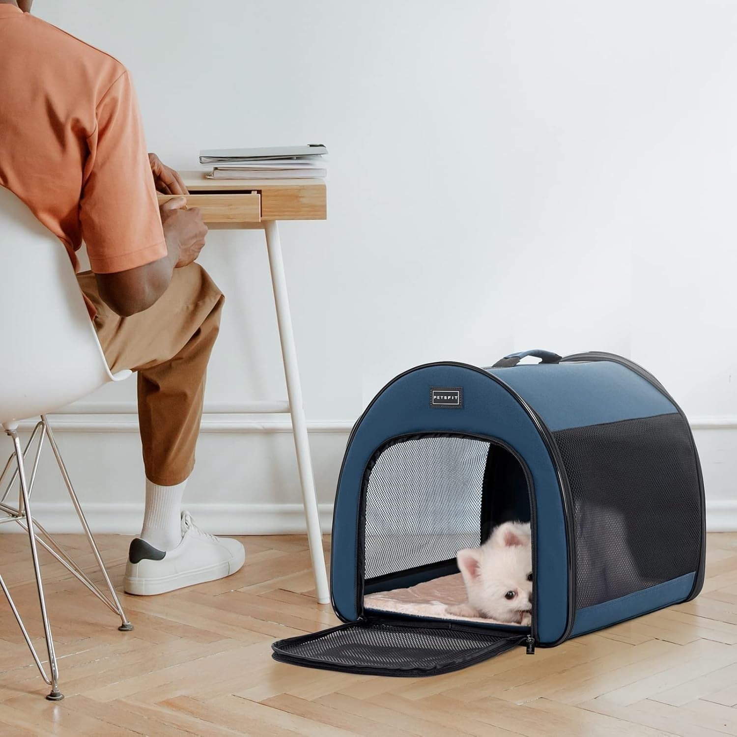 Soft Dog Crate 48x42x41cm Portable Travel Carrier Cat Kennel with Mat Blue
