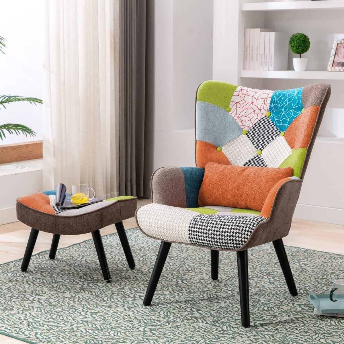 High Back Patchwork Armchair w/ Footstool Reading Lounge Chair