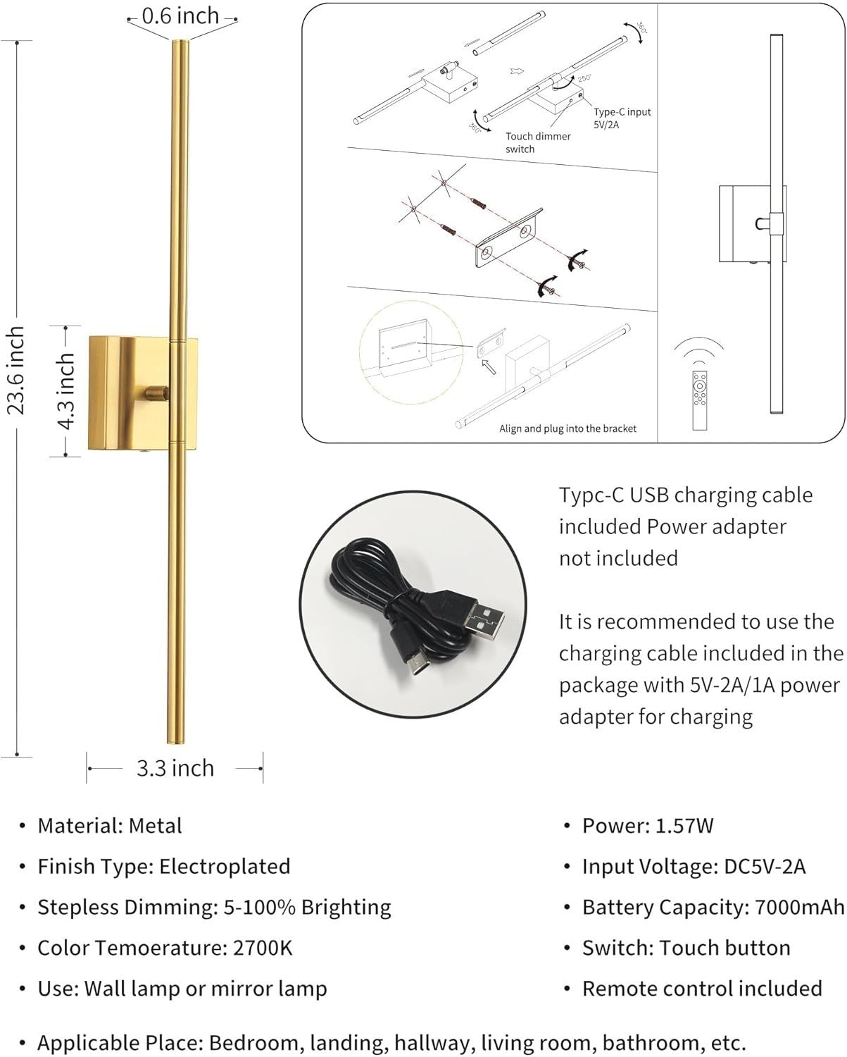 Rechargeable Gold LED Wall Sconces Set of 2, Dimmable, Remote Control, 23.6"