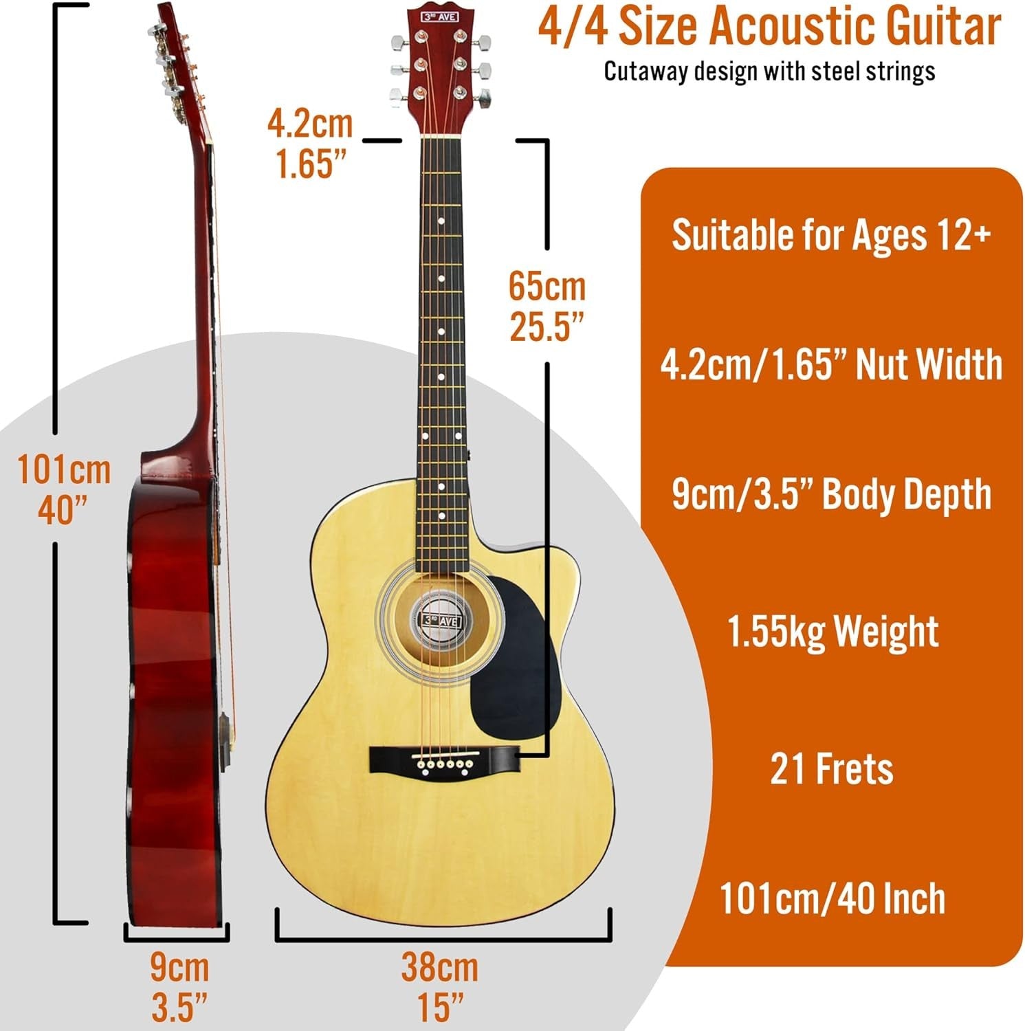 Full Size 4/4 Cutaway Acoustic Guitar Bundle w/ Bag Strap Strings