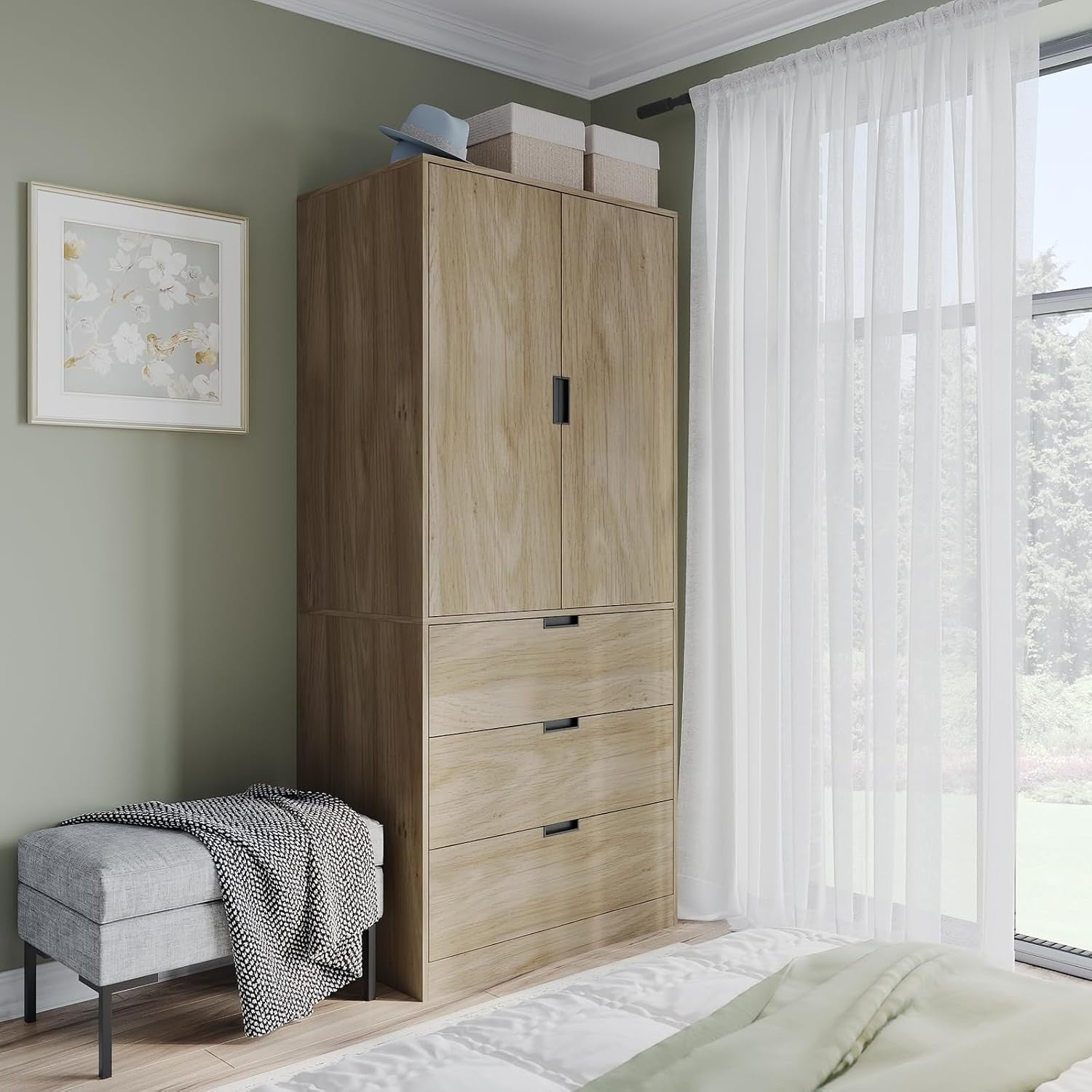 Oak 2 Door Wardrobe 3 Drawer Storage Unit with Rail | Modern 180cm Tall