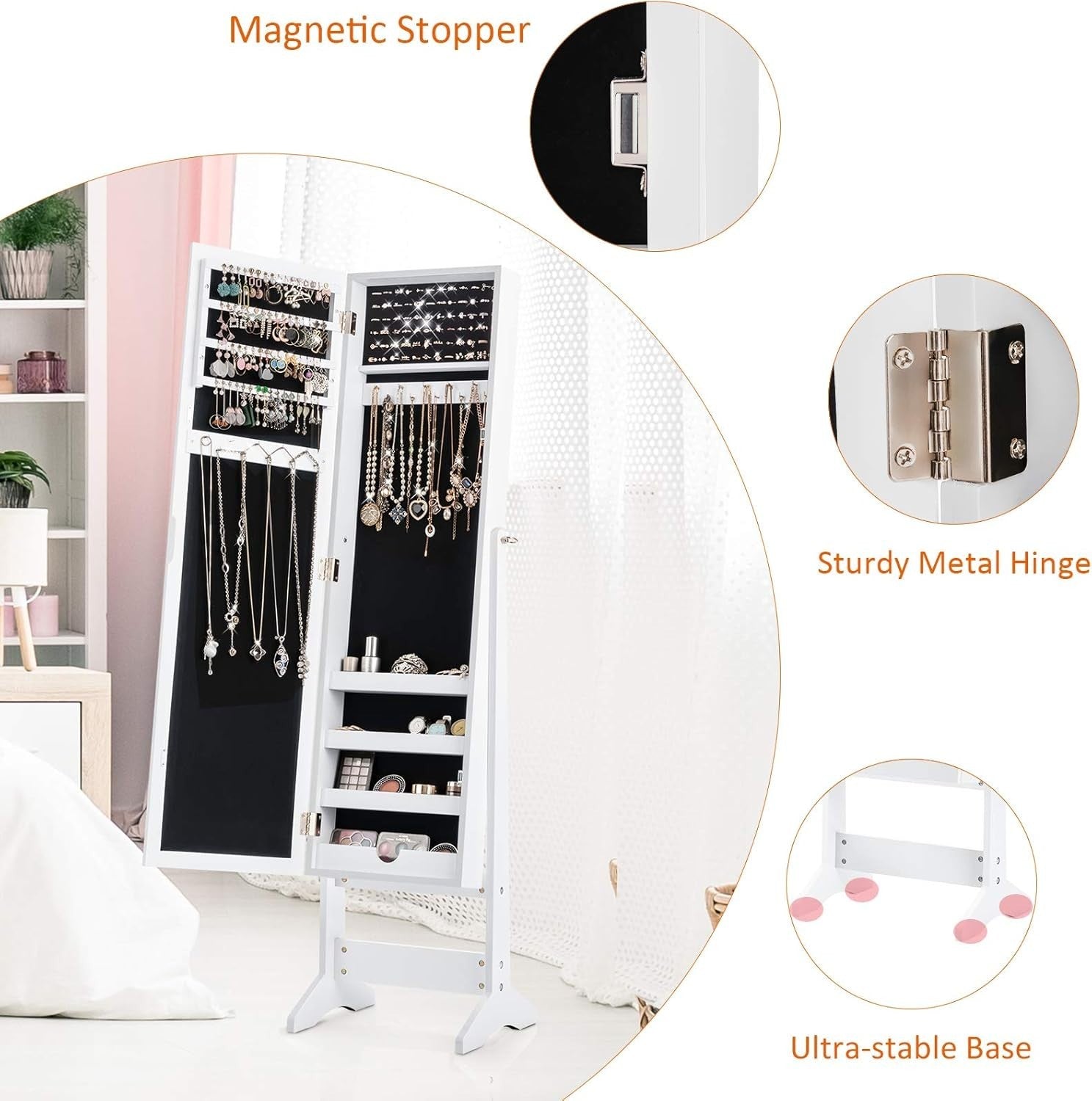 White Standing Jewelry Armoire Adjustable Full Length Mirror Storage