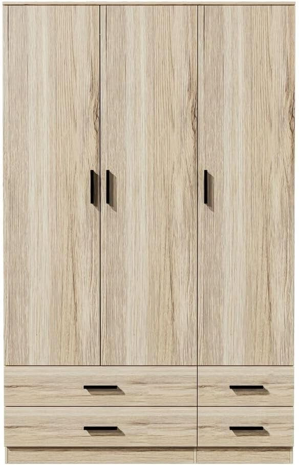 Oak 3 Door Wardrobe 4 Drawer Bedroom Storage Unit Hanging Rail Modern Style