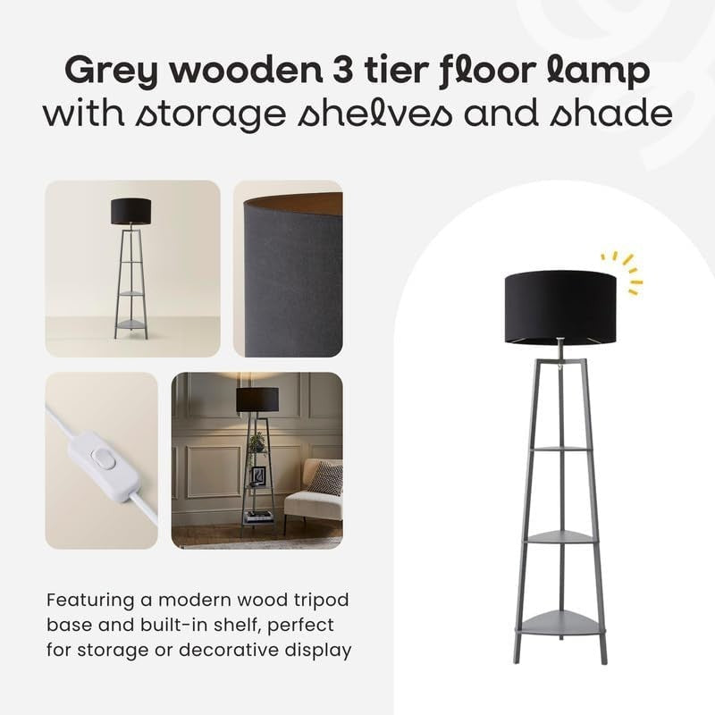 Modern Grey 3 Tier Floor Lamp with Shelves & White Shade | 156cm Wood Light