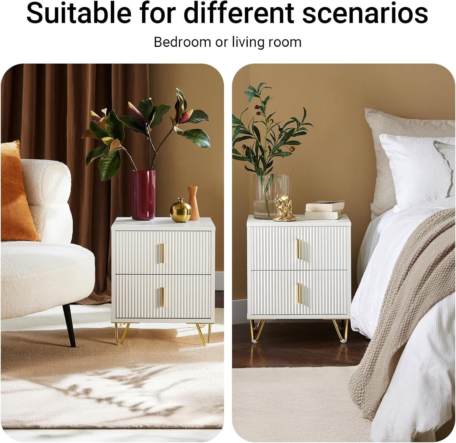 Modern White Bedside Table with 2 Drawers & Gold Legs – Elegant Nightstand