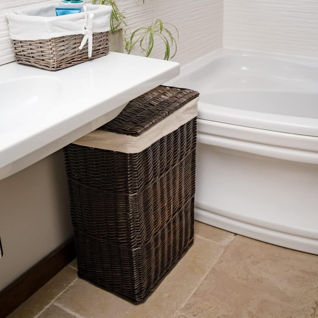Large Wicker Laundry Basket with Lid & Washable Lining – Dark Coffee Hamper