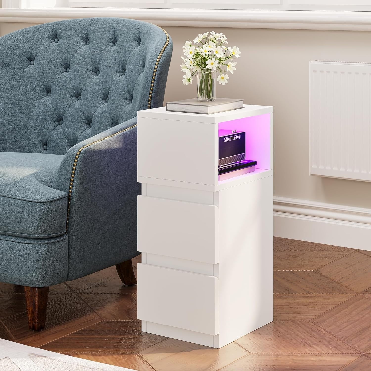 Slim LED Bedside Table with 2 Drawers – Modern White Nightstand Open Storage