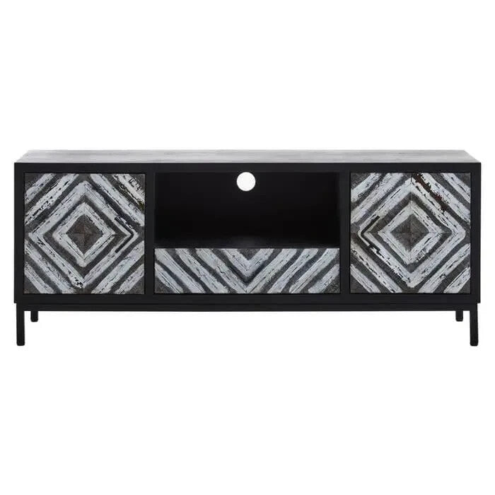 Black Geometric TV Unit Cabinet | Modern Boho Media Stand w/ Storage