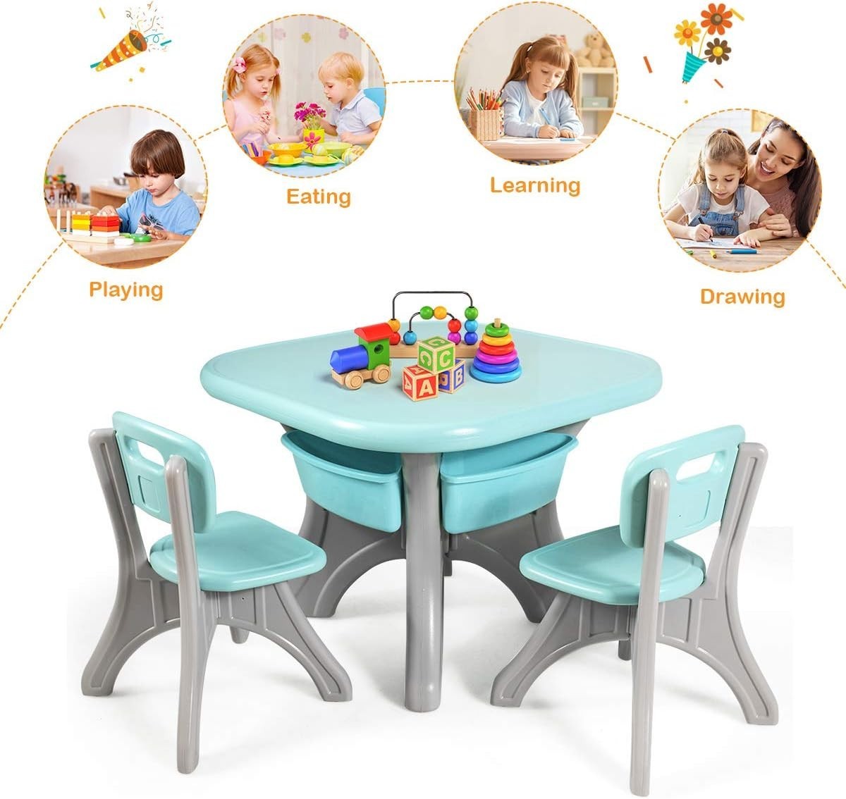 Kids Activity Table & 2 Chairs Set Green w/Detachable Storage Bins, Sturdy & Lig