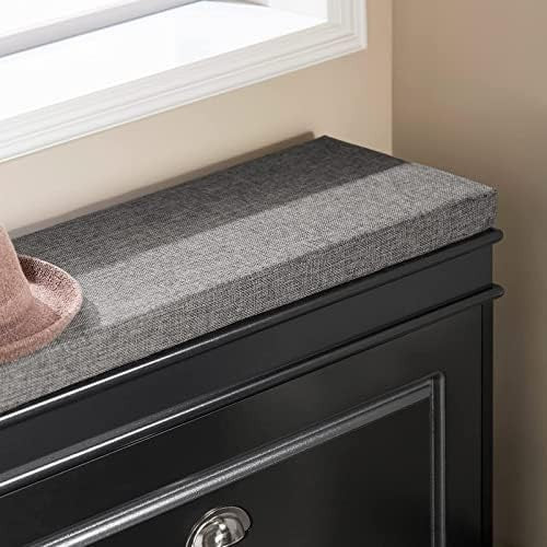 Black Shoe Storage Bench with Cushion & Flip Drawer – Slim Hallway Cabinet