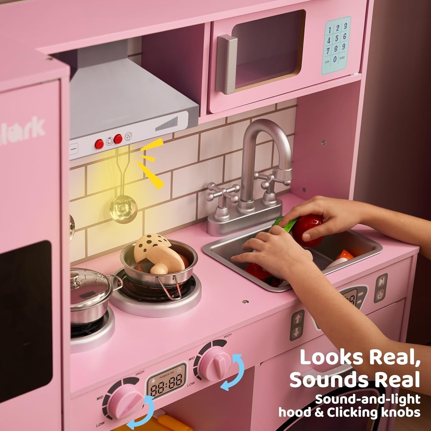 Large Wooden Kids Play Kitchen w/ Lights Sounds Ice Maker Pink