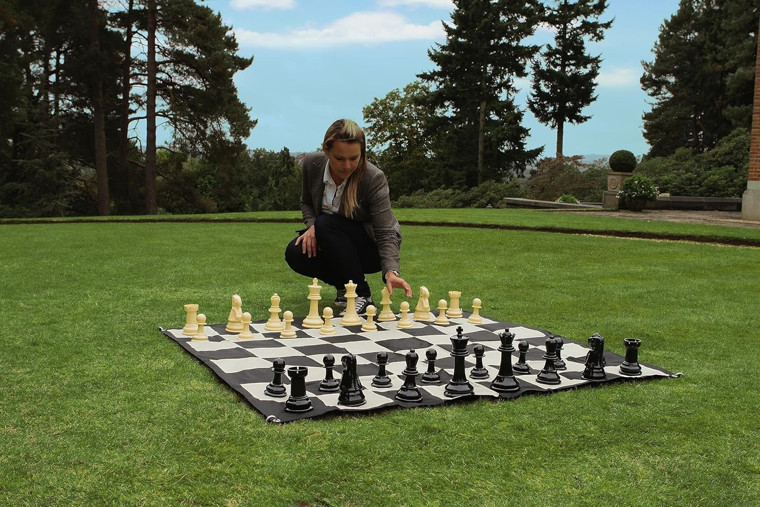 Large Outdoor Garden Chess Set 20cm Pieces with Mat Jumbo Family Game