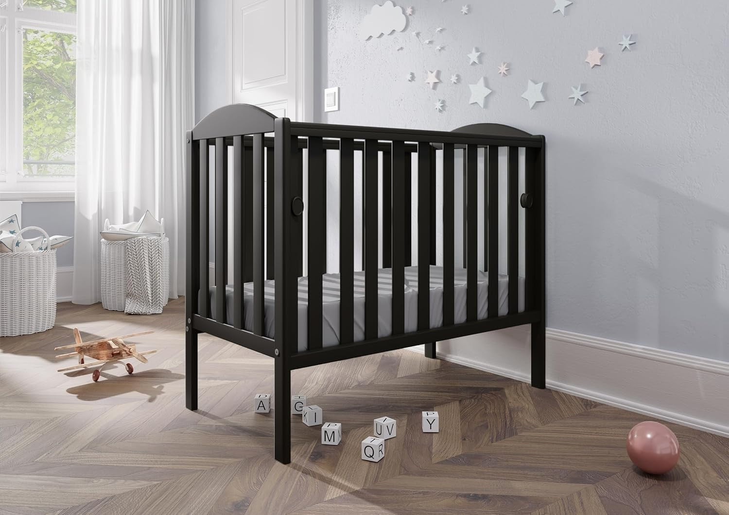 Space Saver Baby Cot with Drop Side Adjustable Height Grey Mini Crib Black