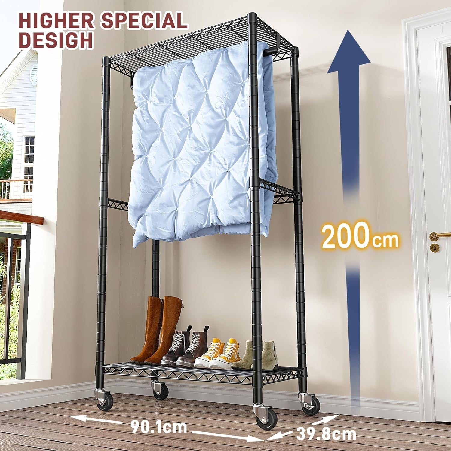 Heavy Duty Clothes Rail with Shelves & Wheels – Black 200cm