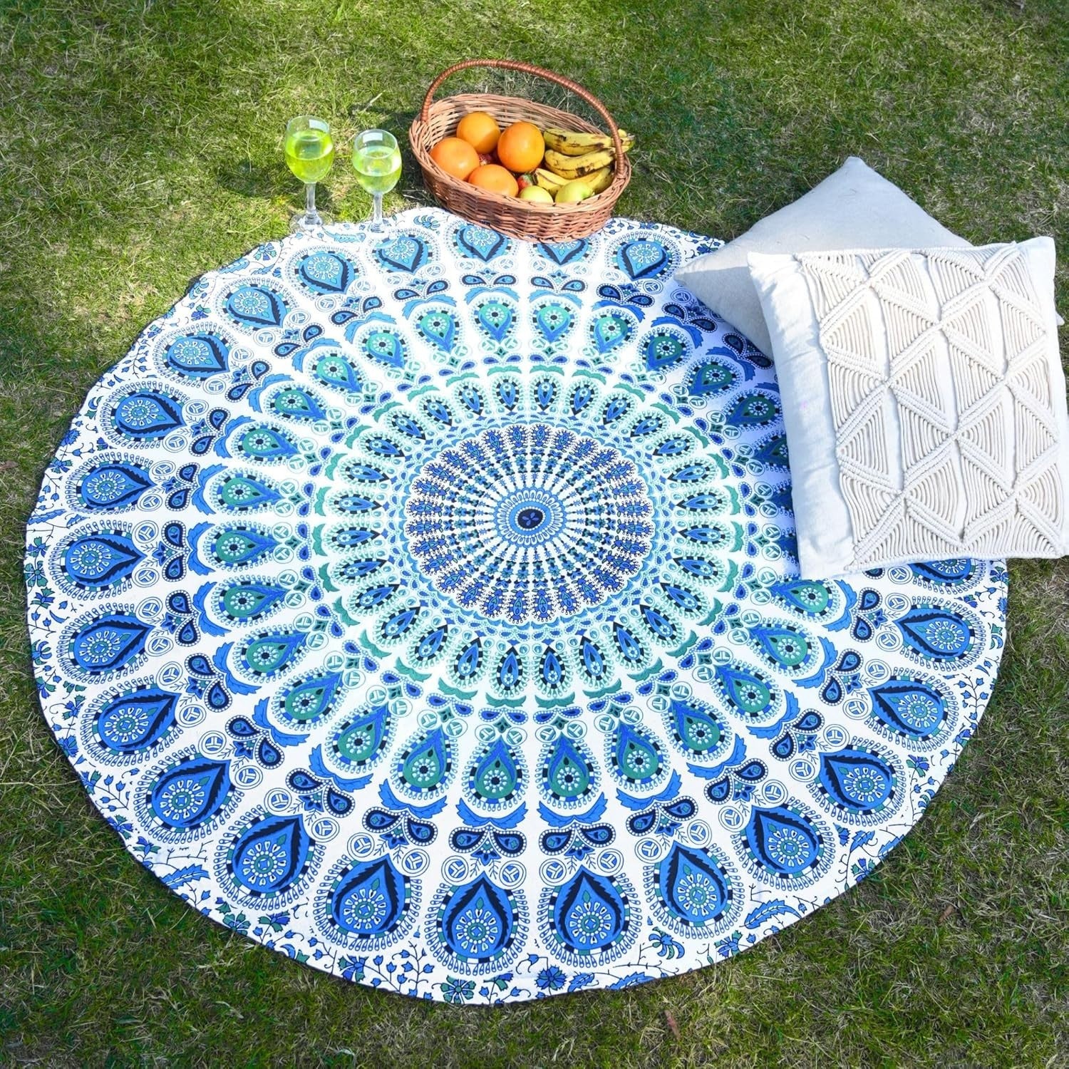 Sky Blue Peacock Round Tapestry 122cm Boho Wall Hanging Decor