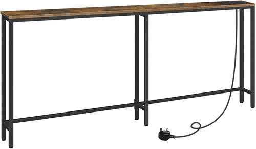 Slim Hallway Console Table with USB Charging, Narrow 180cm, Rustic Brown
