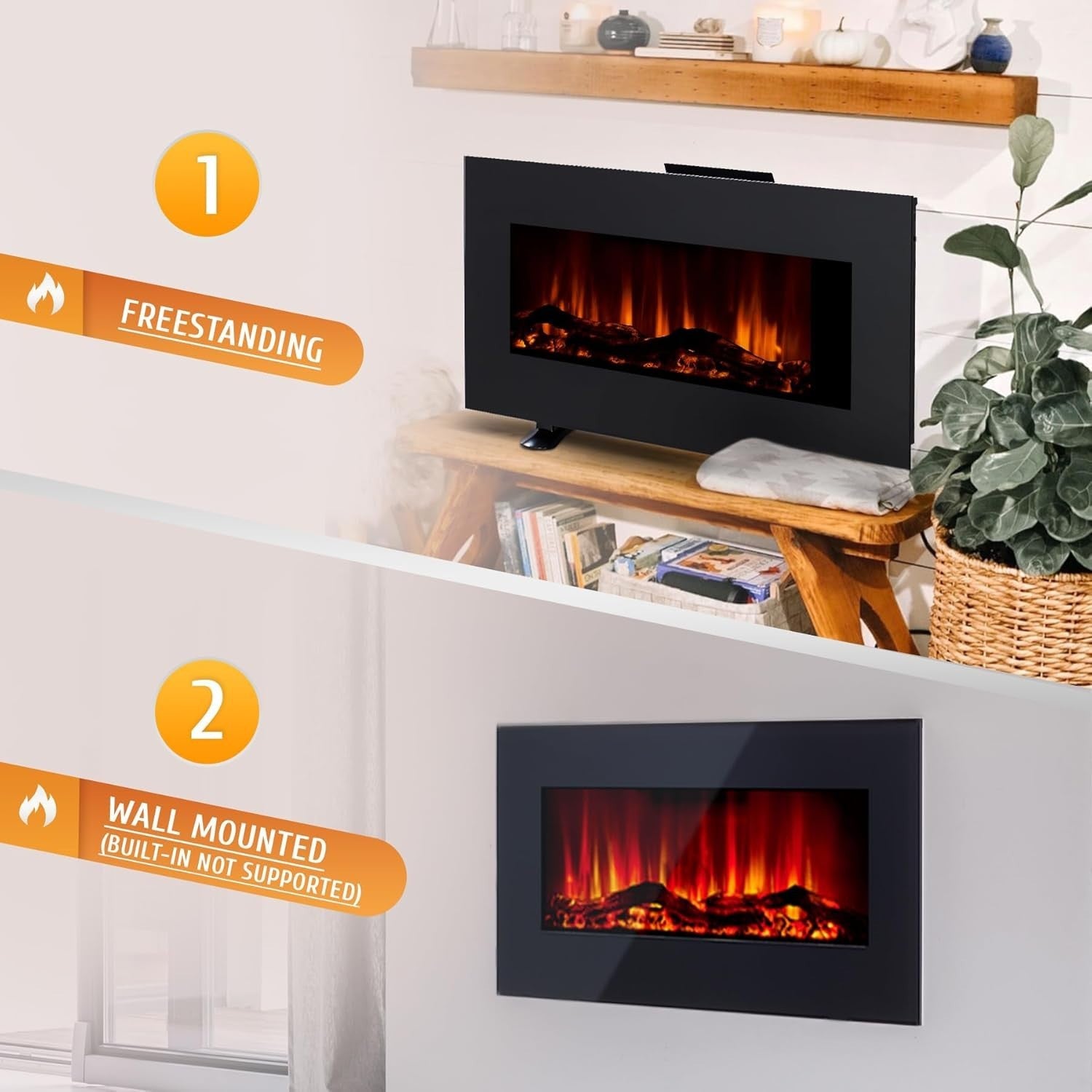 85cm Flat Electric Fireplace Freestanding Log Flame Heater w/ Remote