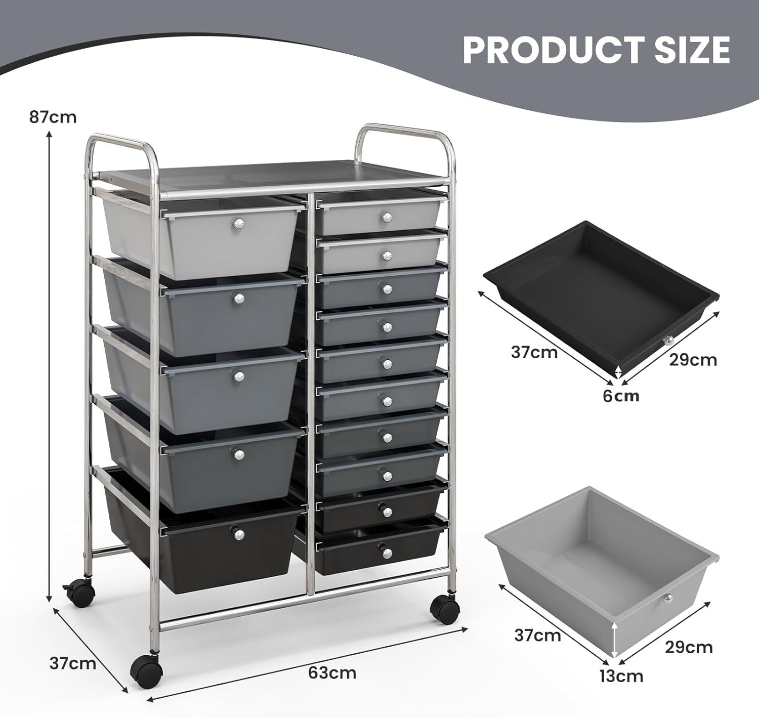 15 Drawer Rolling Storage Trolley Gradient Black Utility Organizer Cart
