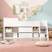 Kids White Cabin Bed with Storage Drawers Shelves | 3FT Single 190x90cm