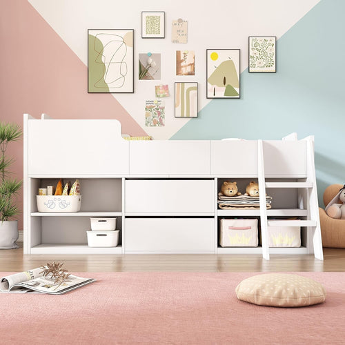 Kids White Cabin Bed with Storage Drawers Shelves | 3FT Single 190x90cm
